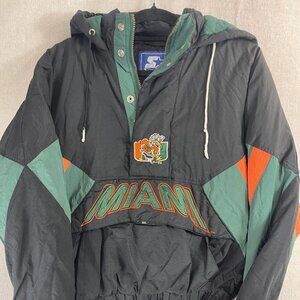 Vintage Starter Mens Green Black Miami Hurricanes Hooded Fill 1/4 Zip Jacket S